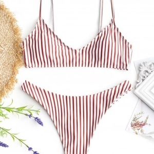Striped High Cut Thong Bikini